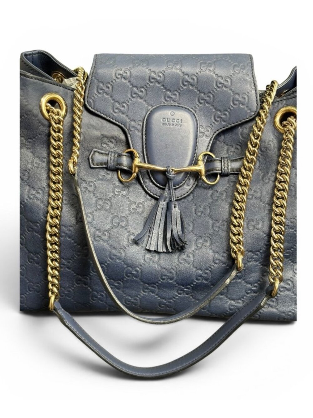GUCCI Guccissima GG Monogram Leather Emily Navy Blue Hobo Chain Link Flap Bag - Picture 16 of 16